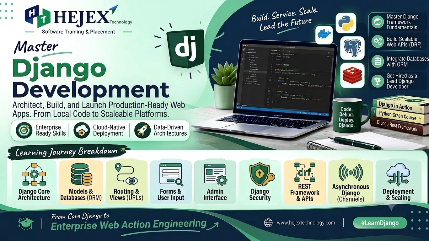 Django Tutorial from Basics to Advanced covering Python web development, projects, apps, views, templates, models and ORM