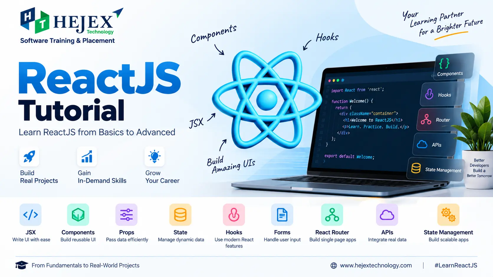 ReactJS Tutorial from Basics to Advanced covering JSX, components, props, state, Hooks, React Router and APIs