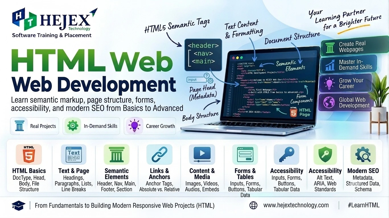 HTML Tutorial from Basics to Advanced covering HTML tags, elements, forms, tables, semantic HTML and web page structure